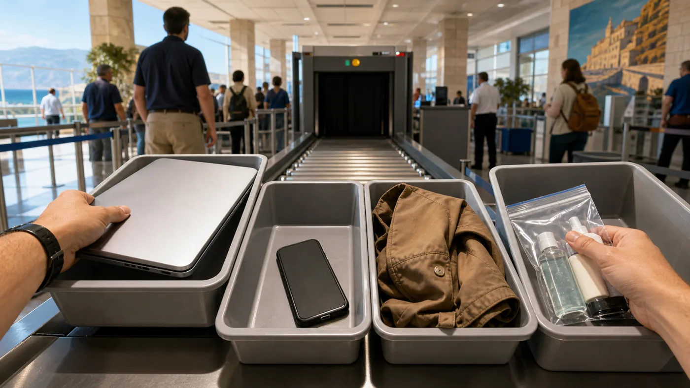 A traveller navigating airport security