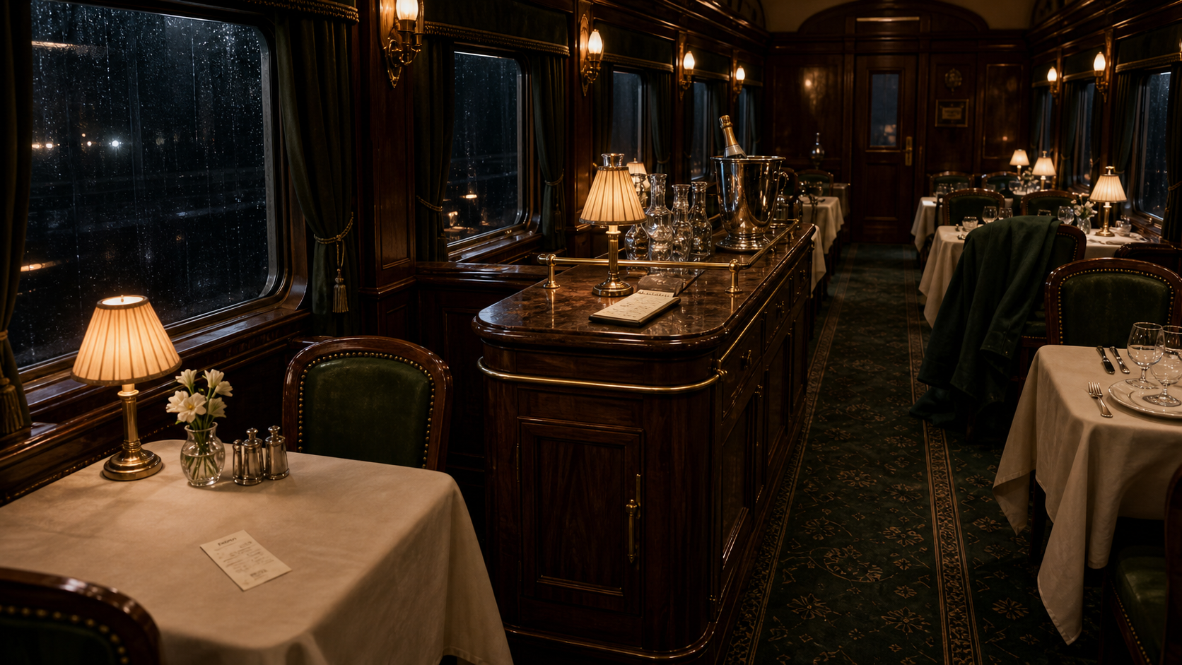 A dark dining carriage on a classic night train